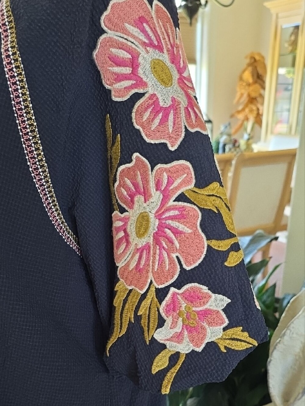 THML Navy Split-Neck Blouse with Pink Floral Embroidered Sleeves - Picture 3 of 6